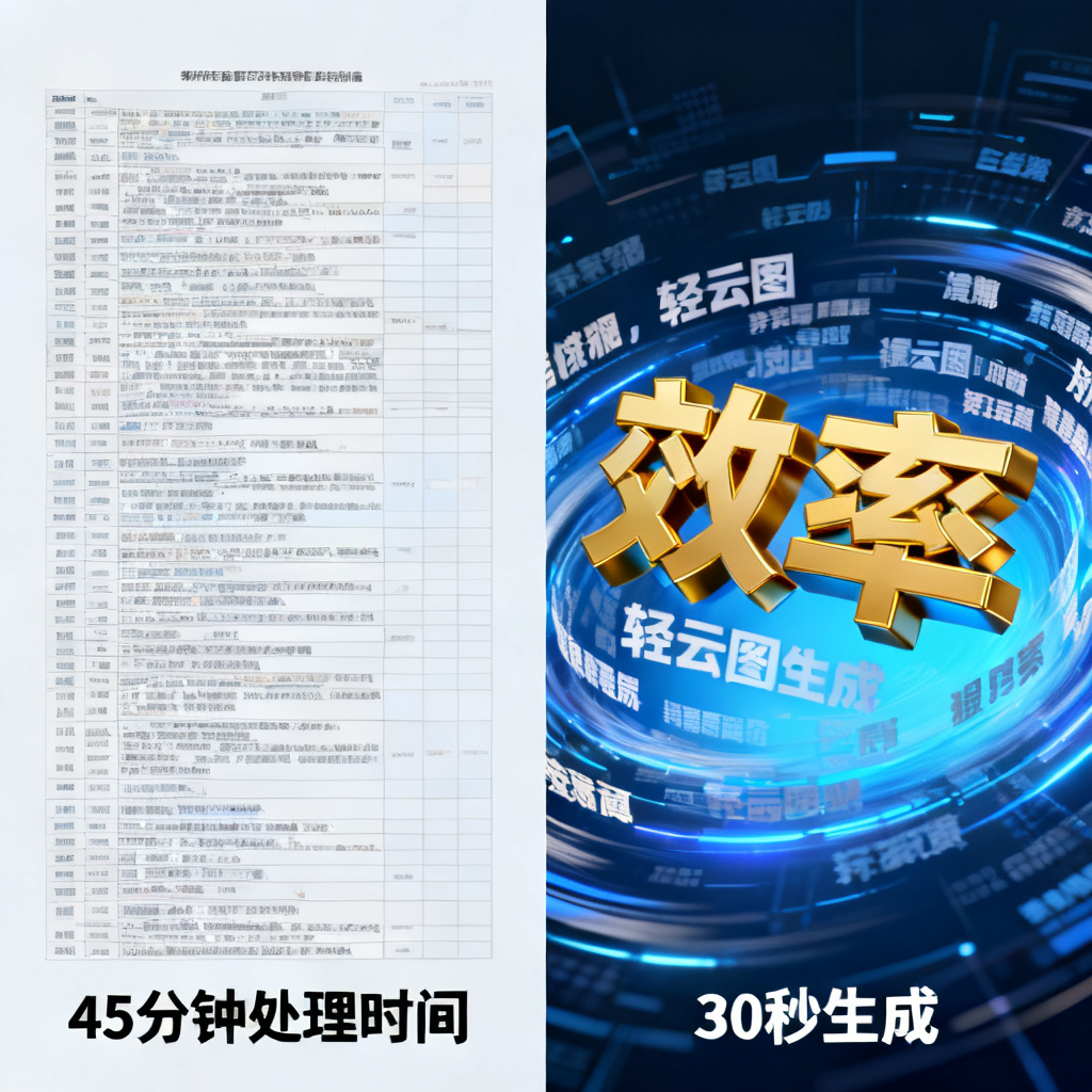 对比图:左侧为密密麻麻的文本报告,标注“45分钟处理时间”;右侧为轻云图生成的3D文字云,核心词“效率”以金色立体字体突出,背景为科技感蓝色渐变,周围环绕小字关键词,整体呈动态旋转效果,标注“30秒生成”