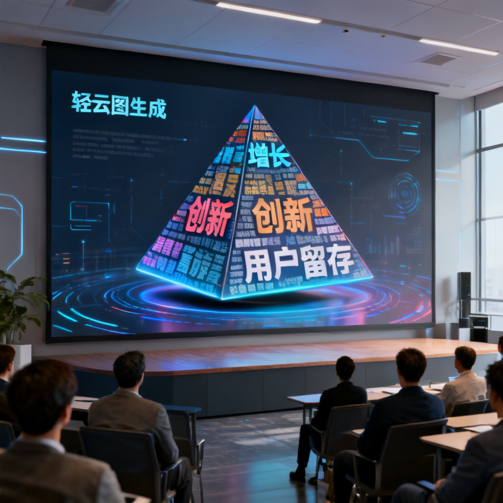 企业会议室大屏幕上显示轻云图生成的金字塔3D文字云,关键词“增长”“创新”“用户留存”以不同大小和颜色排列,金字塔缓慢自转,台下观众专注观看。