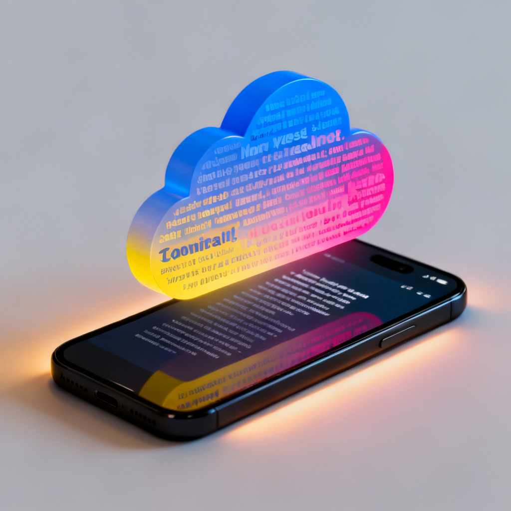A colorful word cloud in the shape of a cloud, with text fading in and out, displayed on a modern smartphone screen, representing social media content