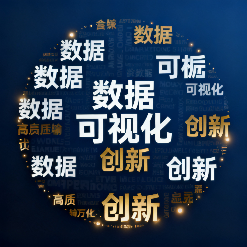 一个文字云以圆形排列，关键词包括“数据”、“可视化”、“创新”，背景为深蓝色，文字为白色和金色，带有微弱的发光效果，展示最终成品的高质量输出