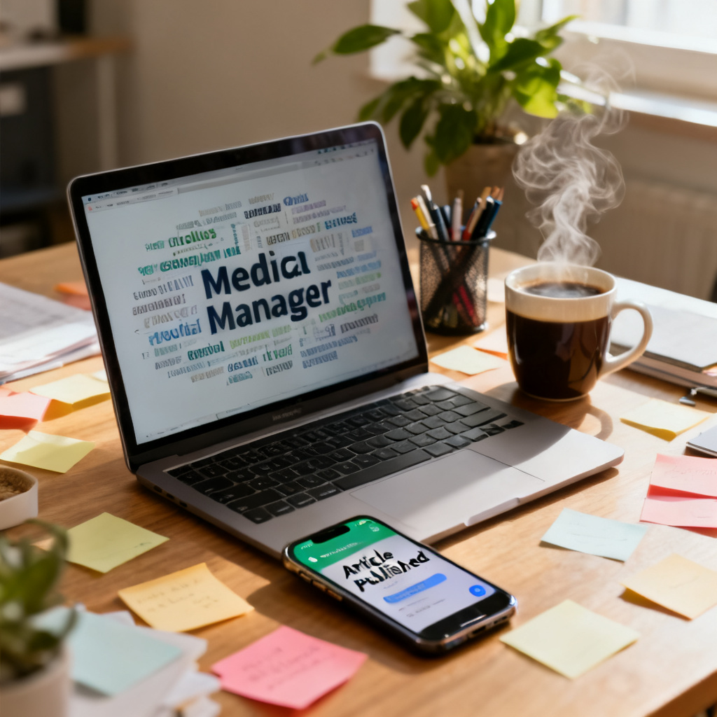 A social media manager's desk with a laptop showing a word cloud being generated, coffee cup, and smartphone with notification of published article