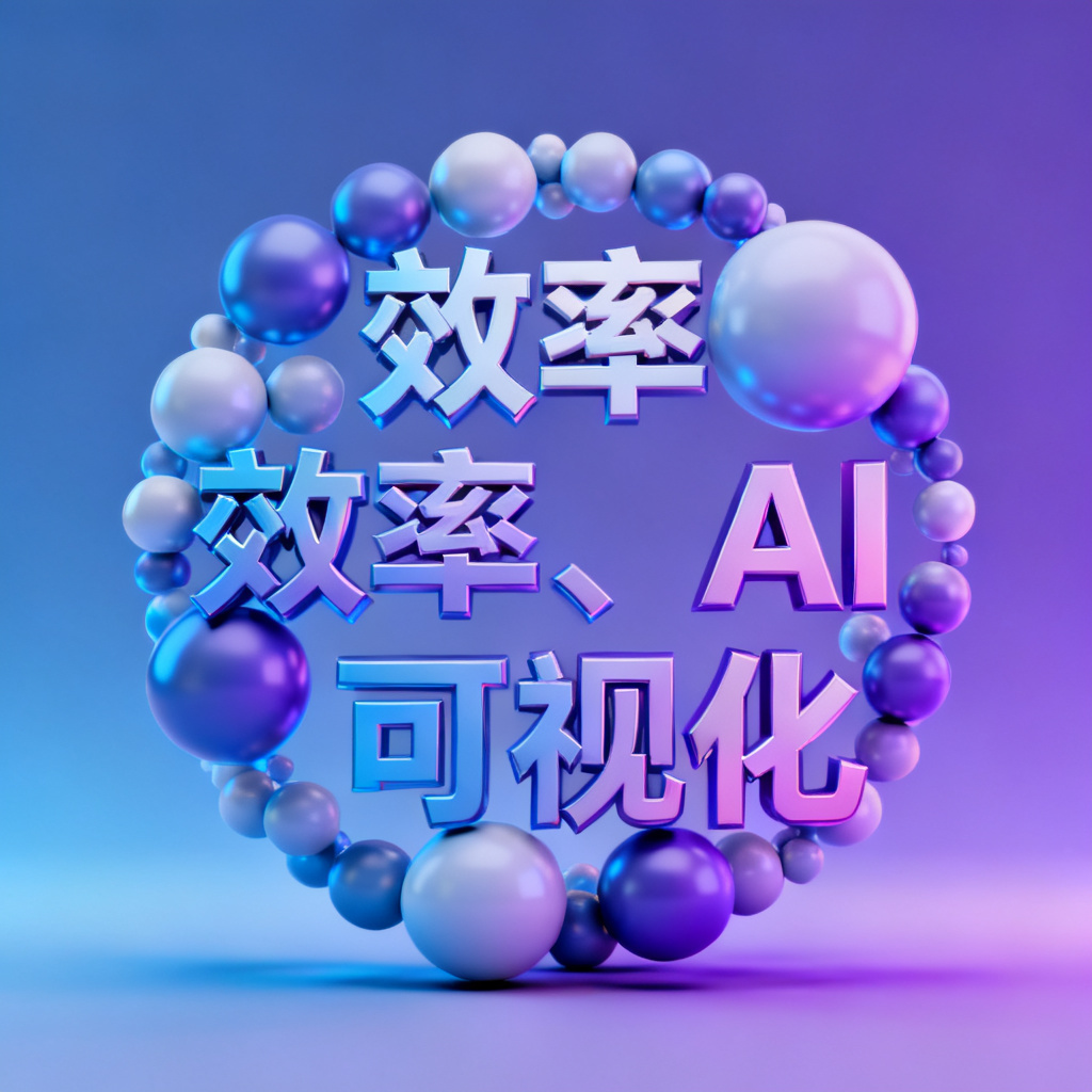 一个3D球状文字云,关键词‘效率、AI、可视化’以立体球状分布,背景为渐变蓝紫光效,字体颜色从中心向外渐变