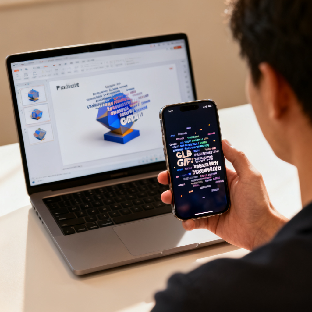 A person holding a smartphone showing a GIF word cloud, while a laptop behind them displays the same data as a 3D GLB model in a PowerPoint slide.