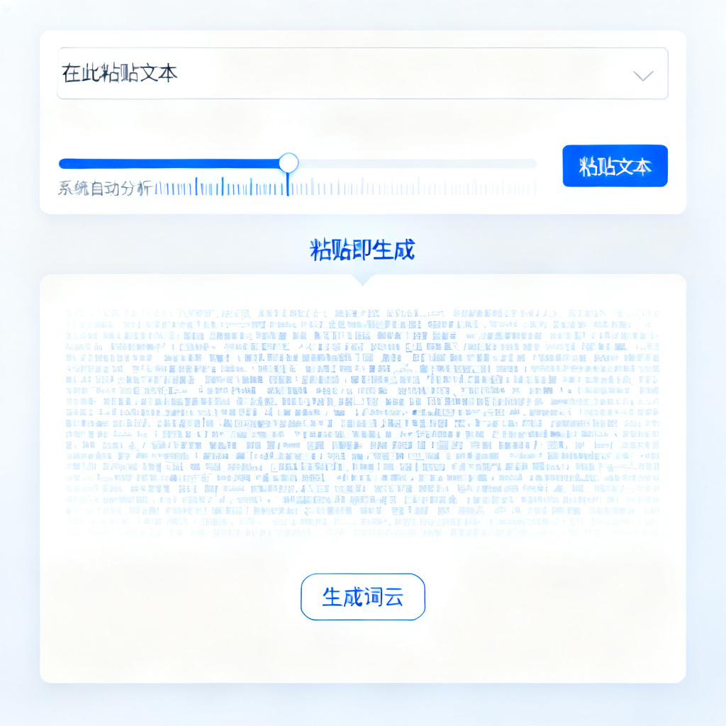 轻云图的AI一键生成界面,用户粘贴文本后,系统自动分析并生成词云,界面简洁直观,突出“粘贴即生成”的便捷性