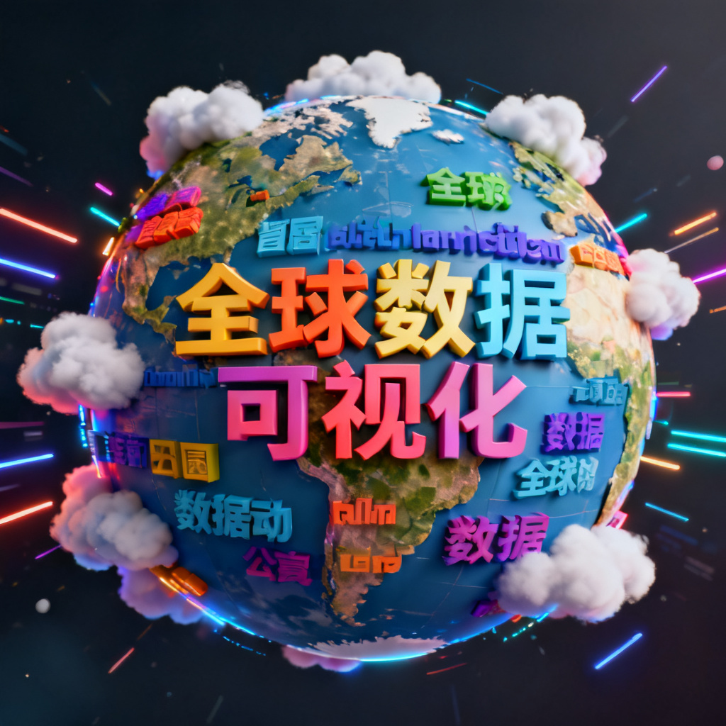 一张由轻云图生成的3D文字云，形状为地球，主题为“全球数据可视化”，色彩鲜艳，带有动画特效