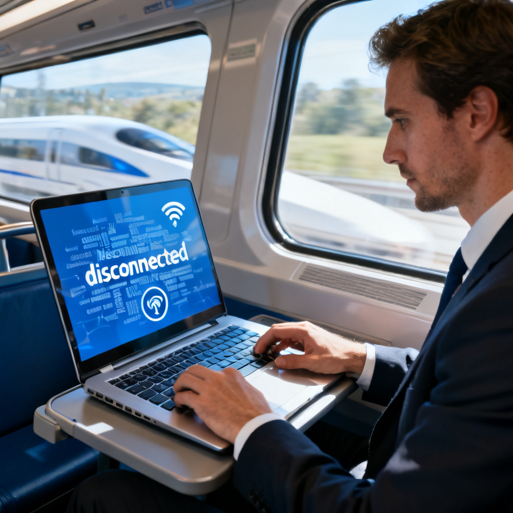 A business traveler working on a laptop on a high-speed train, the screen shows a word cloud interface, network signal indicator shows disconnected, professional and focused expression, realistic style with blue and white tones