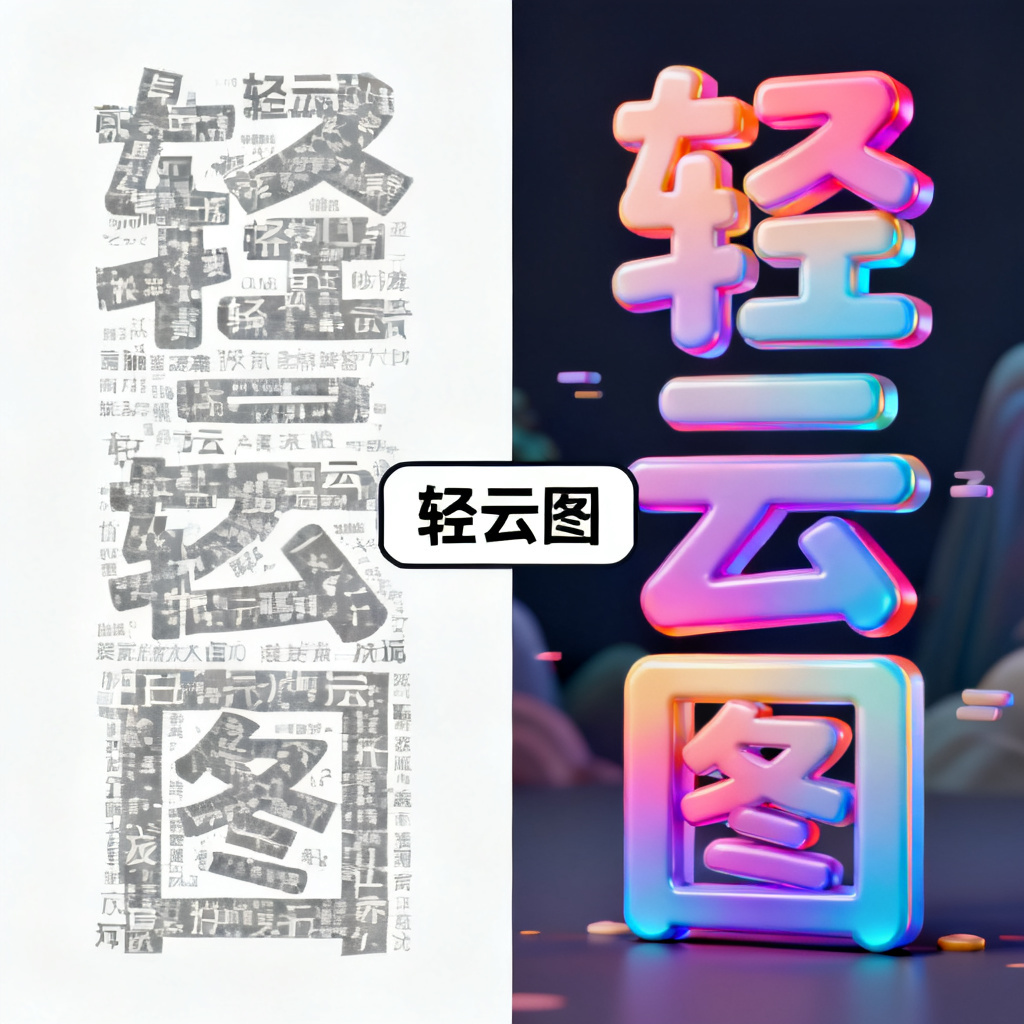 A comparison image showing a flat, monochrome word cloud on the left and a vibrant, 3D animated word cloud on the right, with the label "轻云图" in the center