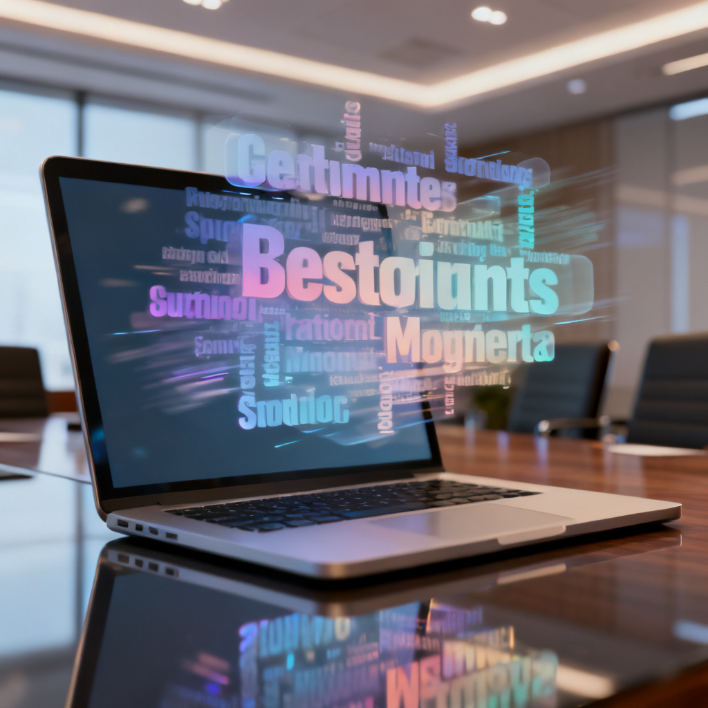 A 3D word cloud with animated effects, floating above a laptop screen, in a modern conference room, photorealistic, 8k resolution.
