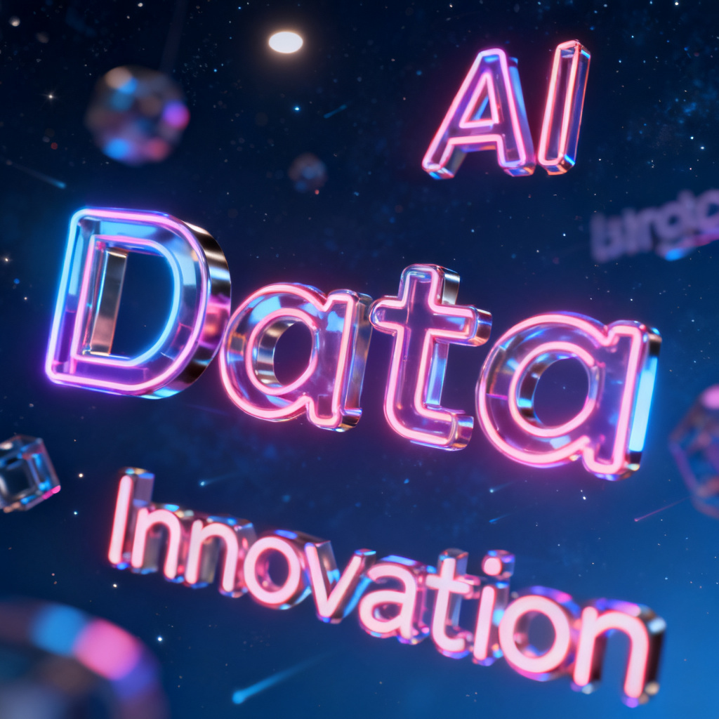 A futuristic 3D word cloud with glowing neon text floating in a dark blue space, keywords like "AI", "Data", "Innovation" rotating slowly, cinematic lighting, depth of field, ultra-realistic