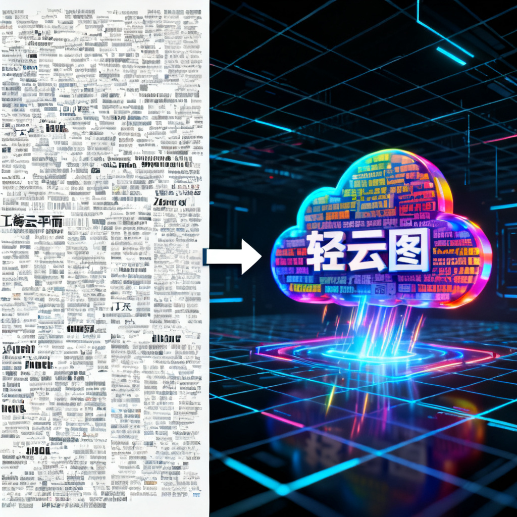 左右对比图，左侧显示传统平面词云工具生成的杂乱、单调的静态词云，右侧显示轻云图生成的色彩鲜明、3D立体且带有动态光效的文字云，中间有箭头指向右侧，背景为科技感网格