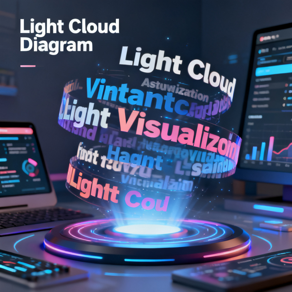 A stunning 3D word cloud with rotating text fragments, dynamic lighting, and smooth animation, representing the advanced visualization capabilities of Light Cloud Diagram, with a sleek modern interface