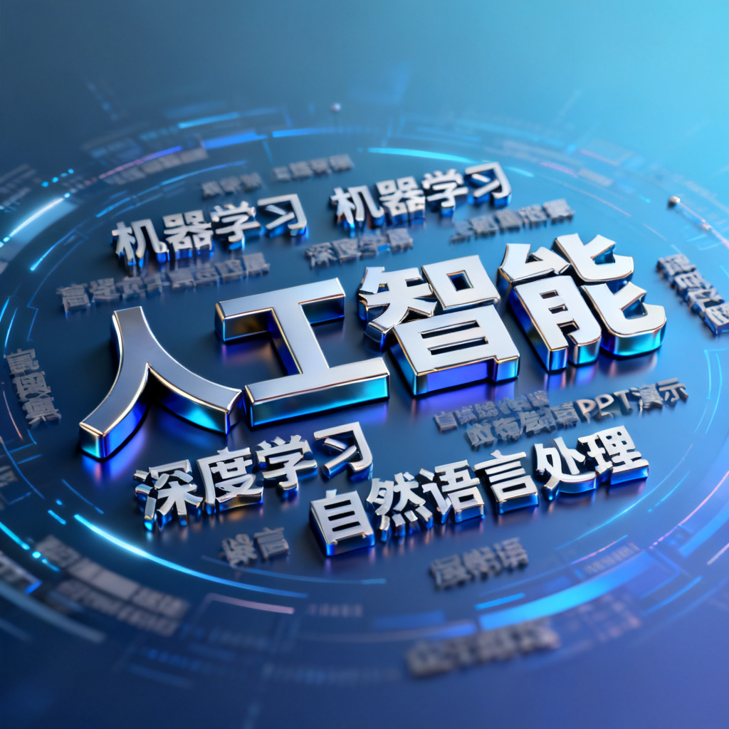 一个3D球形文字云，核心词“人工智能”以最大字号突出，周围环绕“机器学习”“深度学习”“自然语言处理”等关键词，背景为渐变科技蓝，文字表面带有金属质感光泽，整体缓慢旋转，适合发布会PPT演示