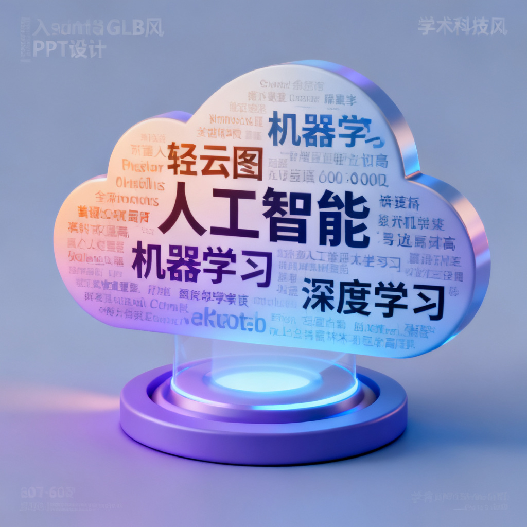 展示学术汇报PPT中嵌入轻云图GLB模型，3D文字云可旋转，关键词权重通过大小和颜色区分