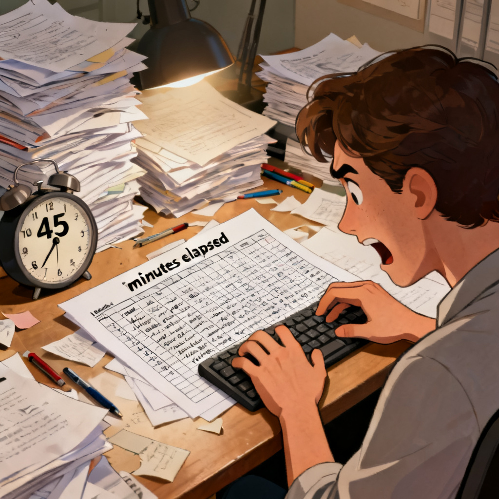 A person sitting at a messy desk, manually typing words into a spreadsheet with a frustrated expression, surrounded by stacks of paper and a clock showing 45 minutes elapsed, symbolizing the time-consuming manual word segmentation process of traditional text cloud tools.