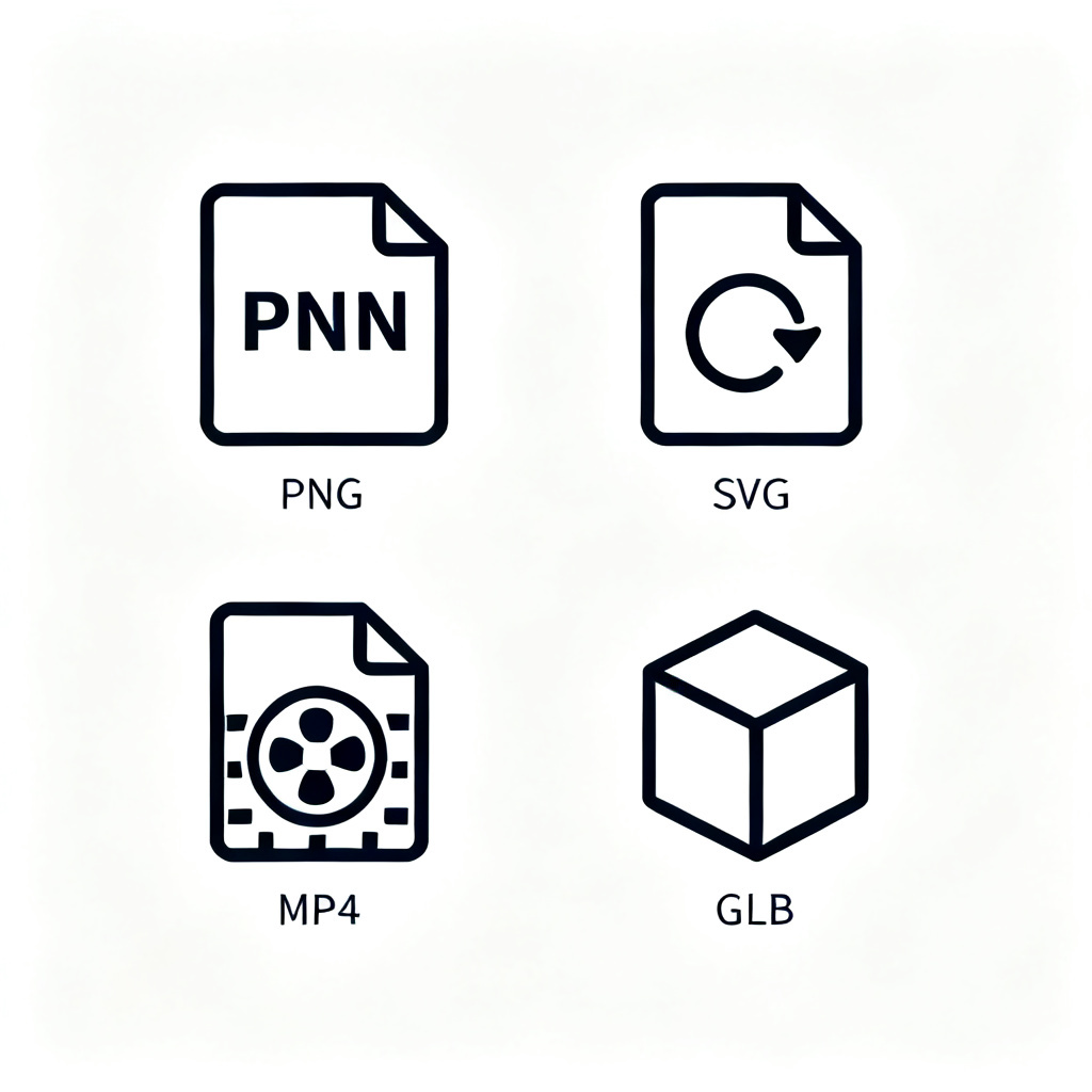 An icon set showing various output formats supported by a word cloud tool, including PNG, SVG, GIF, MP4, and GLB, arranged in a clean grid.