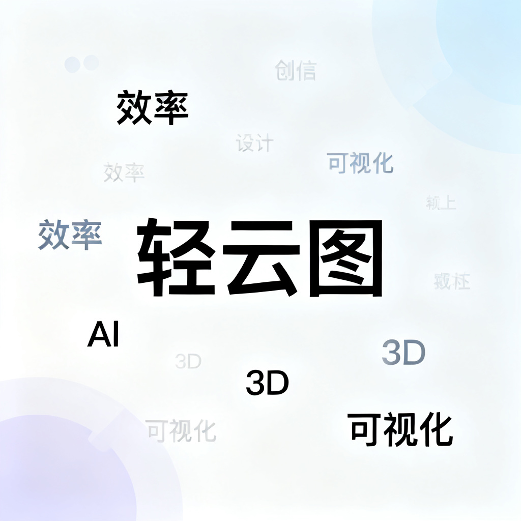 A word cloud with the text '轻云图' in the center, surrounded by keywords like '效率', 'AI', '3D', '可视化', with a modern minimalist style