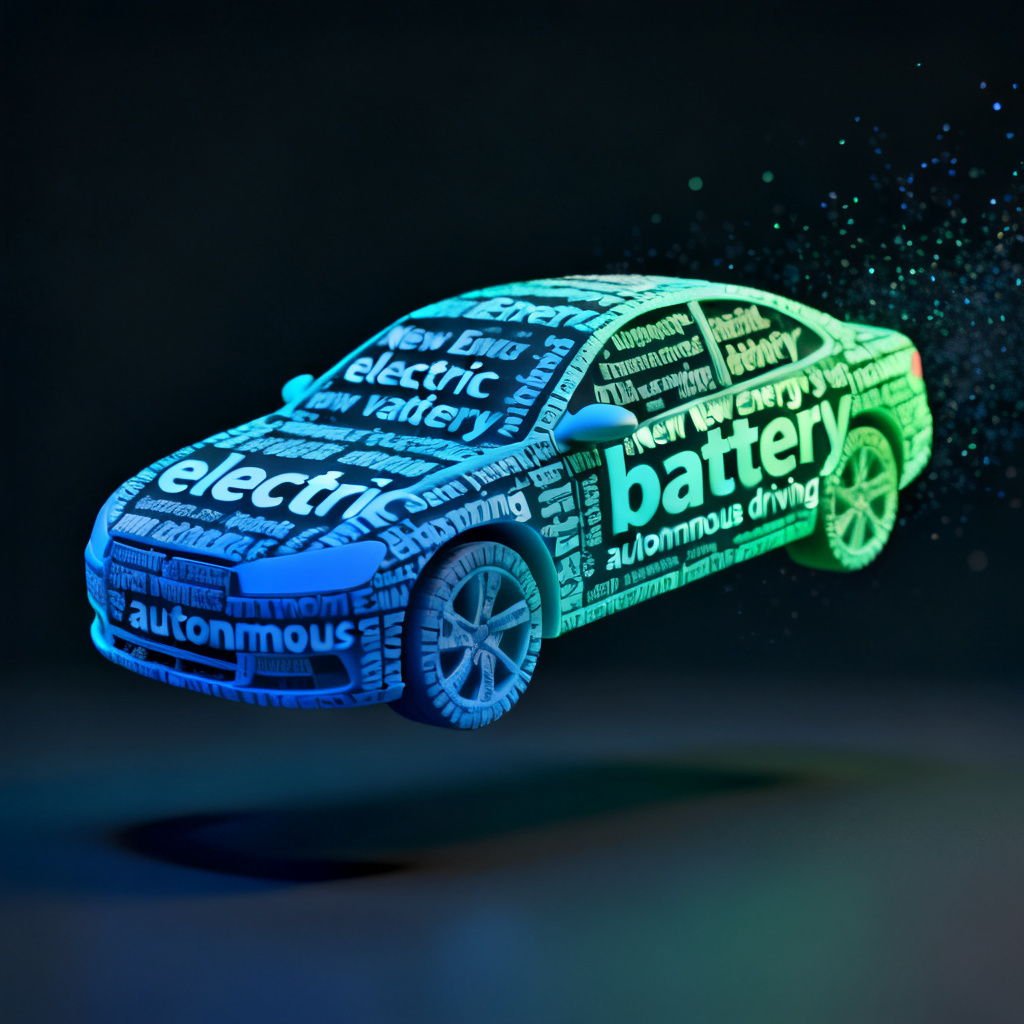 A 3D rotating word cloud displaying key terms related to new energy vehicles, such as "electric", "battery", "autonomous driving", with a blue-green gradient color scheme, shaped like a car silhouette, floating on a dark background with subtle particle effects