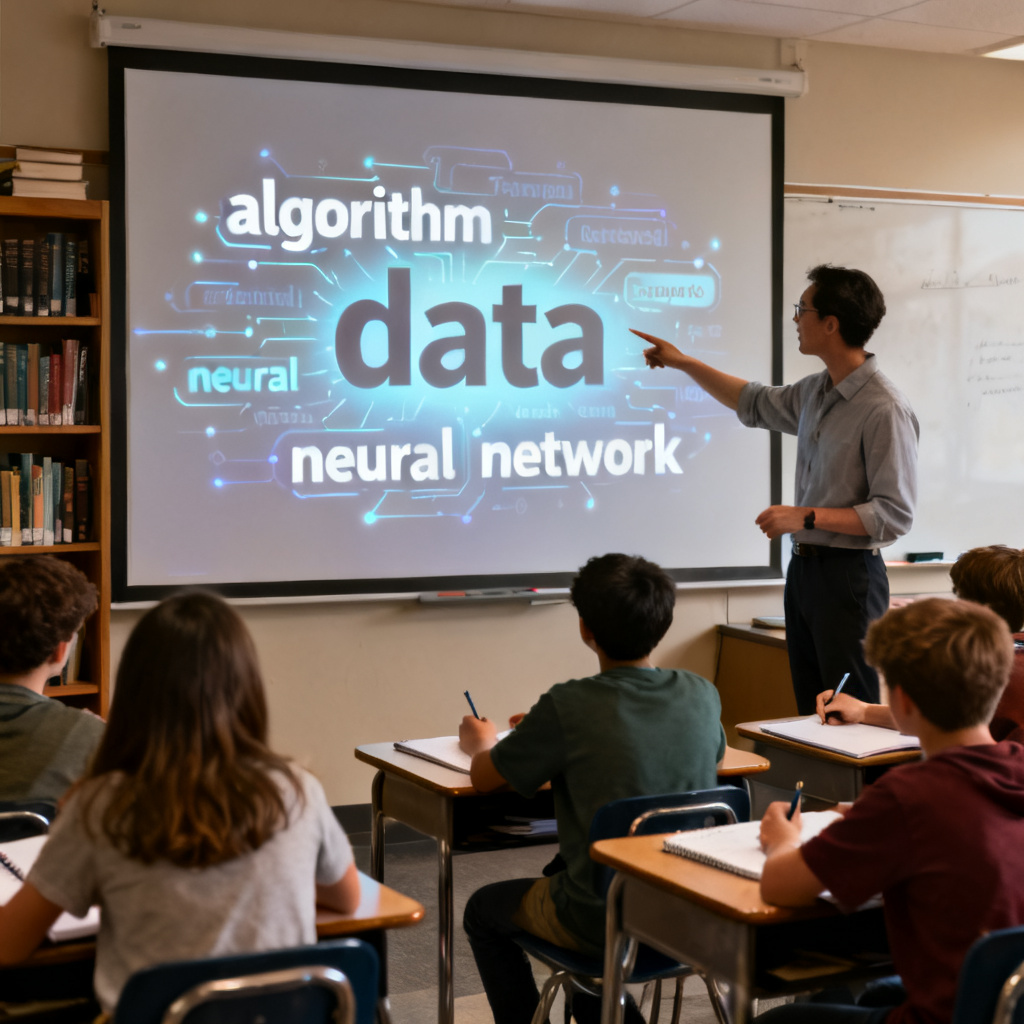 A teacher in a classroom pointing to a large screen displaying an animated word cloud with educational keywords like “algorithm”, “data”, “neural network”, with students taking notes.