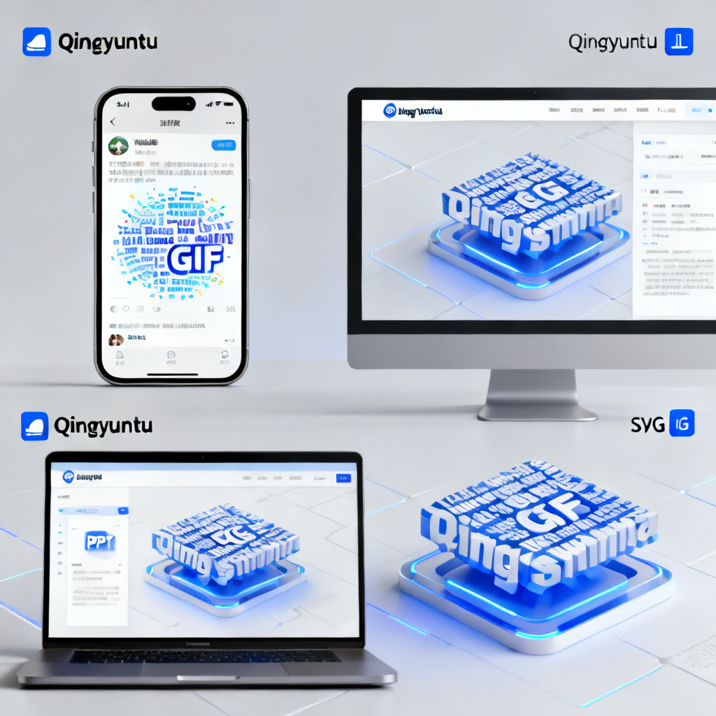 A comprehensive visual showing multiple platforms: a smartphone displaying a WeChat article with a dynamic word cloud GIF, a laptop showing a PPT with a 3D word cloud, a desktop monitor showing a website with an SVG word cloud. All outputs are labeled with "Qingyuntu" and format icons.