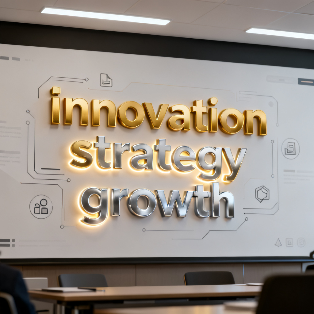 A professional presentation slide with a 3D word cloud embedded, keywords like 'innovation', 'strategy', 'growth' glowing in gold and silver, surrounded by minimalist UI elements, soft ambient lighting, corporate style