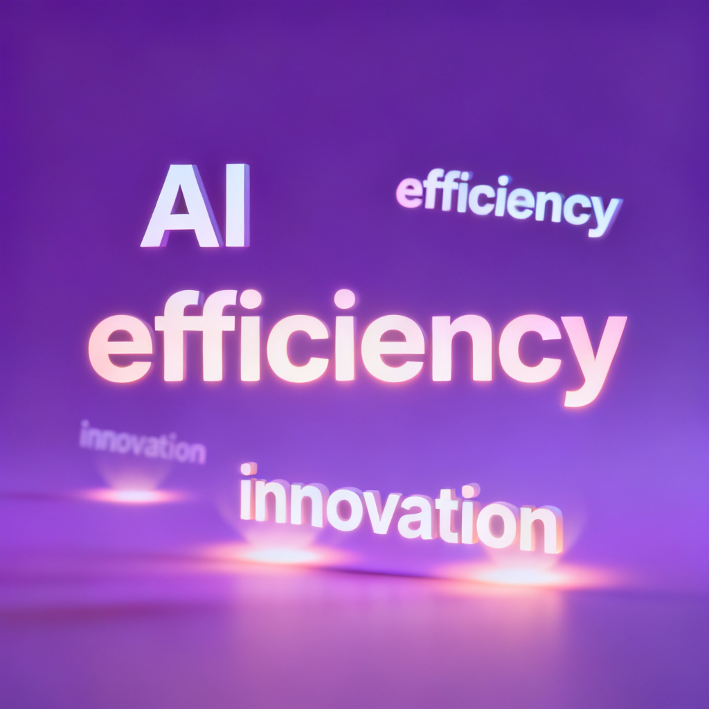 A dynamic animated word cloud in GIF format, with keywords like "AI", "efficiency", "innovation" popping up one by one with a soft glow effect, on a gradient purple background