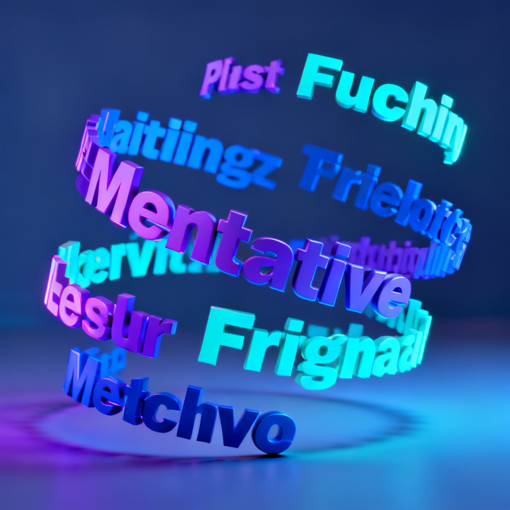 A dynamic 3D word cloud animation with floating keywords, rotating in space, with vibrant colors and smooth transitions, suitable for a high-tech presentation