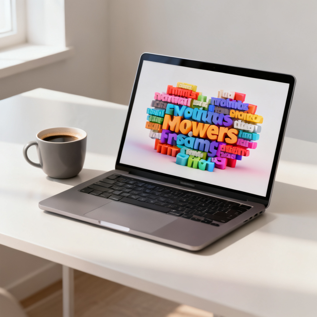 A modern desk setup with a laptop displaying a colorful 3D word cloud, a cup of coffee beside it, soft natural lighting, clean minimalist design