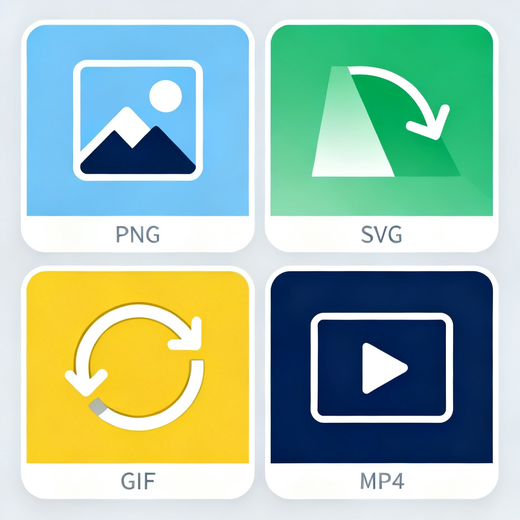 An icon set showing four different file format logos: PNG (image), SVG (vector), GIF (animated), MP4 (video), all arranged in a modern, clean design.