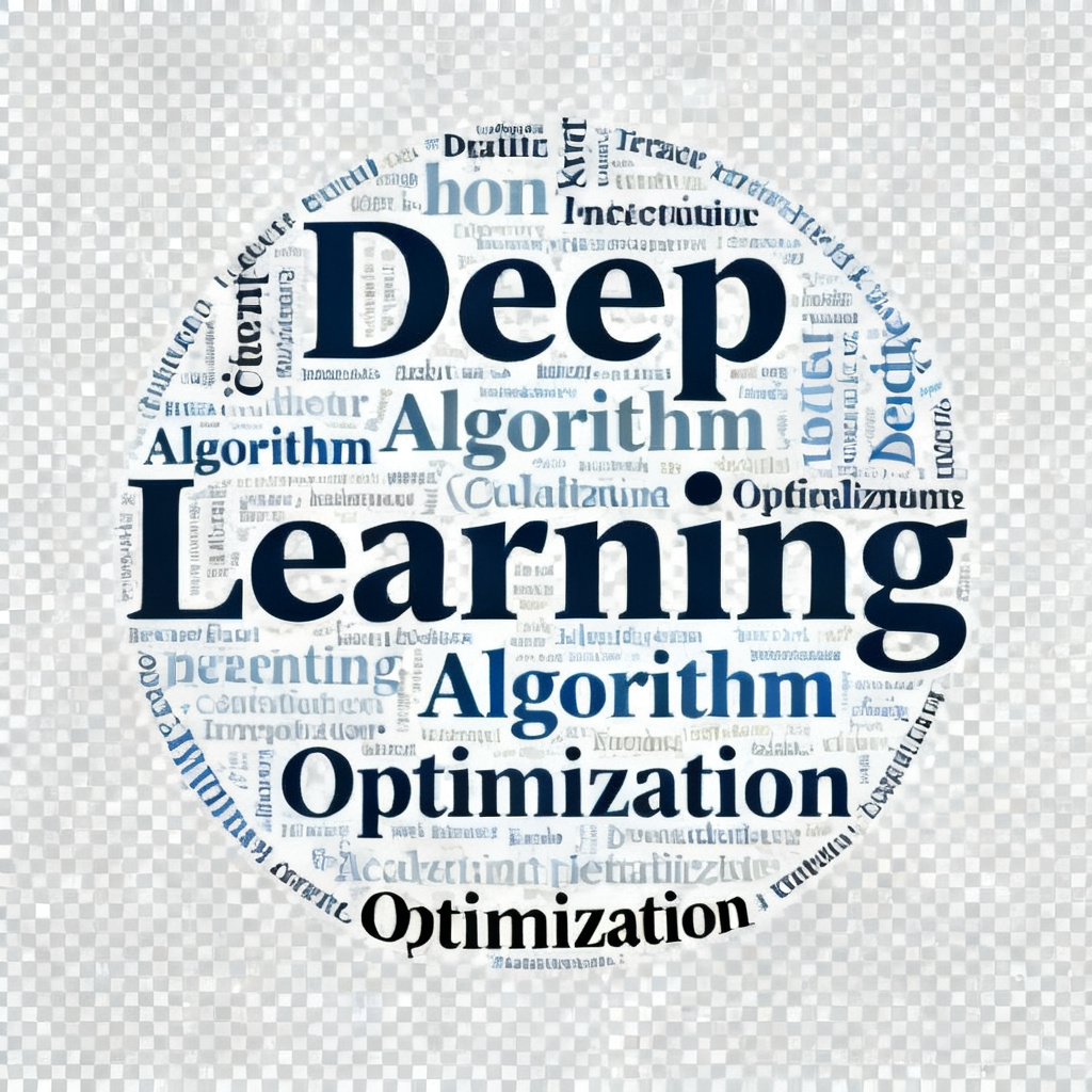 A transparent background word cloud in academic style, with terms like "Deep Learning", "Algorithm", "Optimization" arranged in a circular pattern, with varying font sizes based on frequency