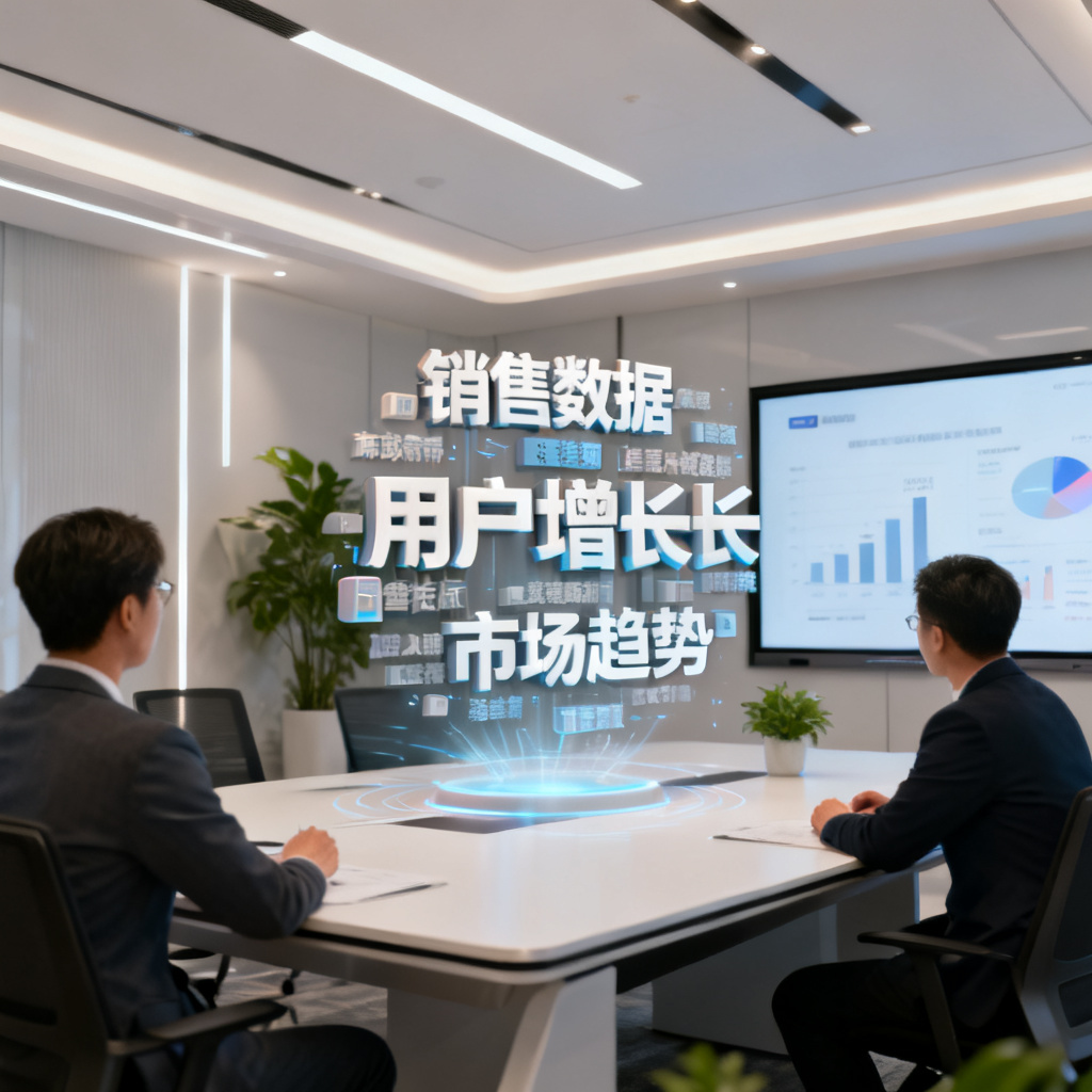 职场白领在PPT中嵌入互动3D文字云，展示数据报告，背景是现代会议室