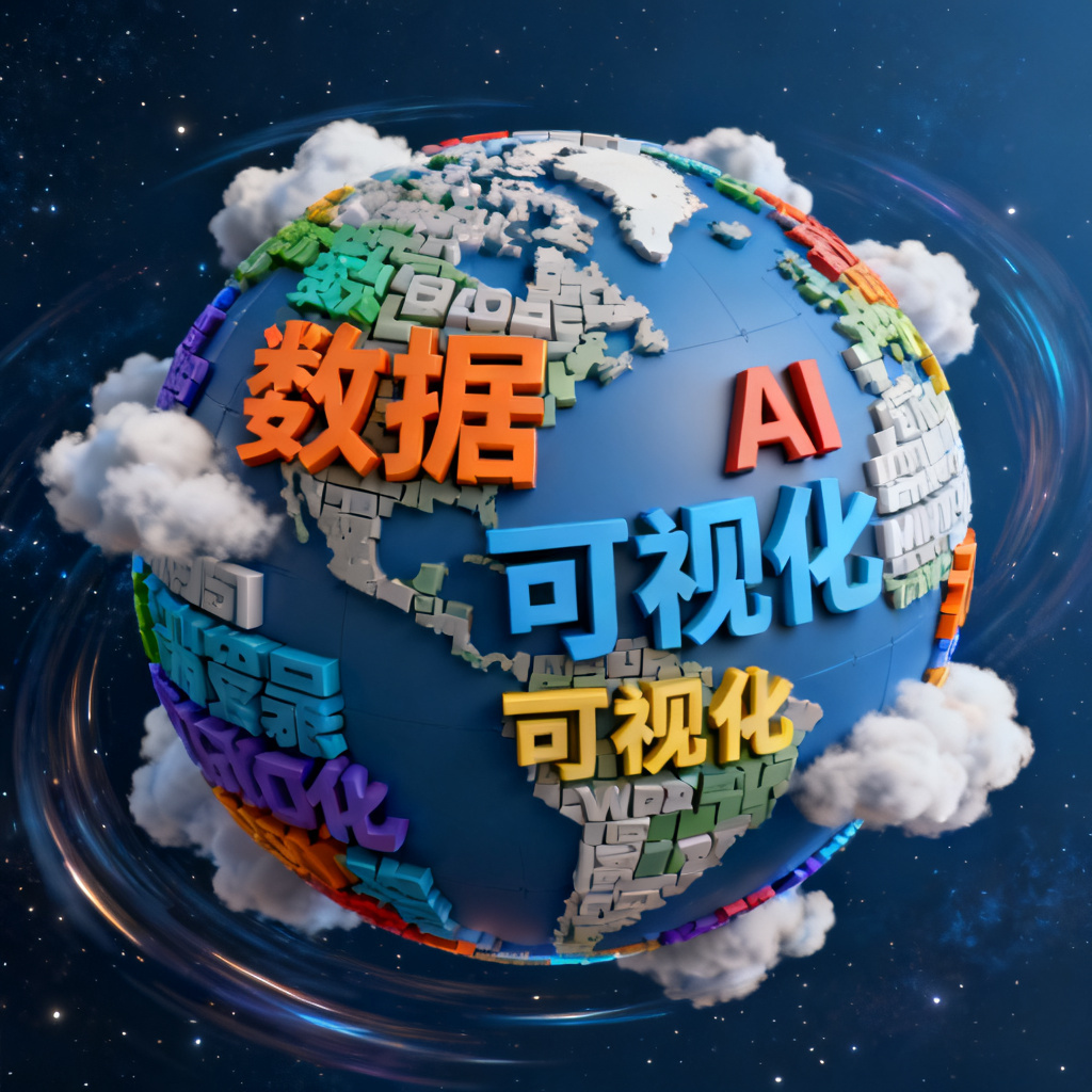 一个由轻云图生成的3D词云，形状为立体地球，关键词“数据”“AI”“可视化”以不同颜色和大小排列，带有顺时针旋转动画，背景为深空蓝