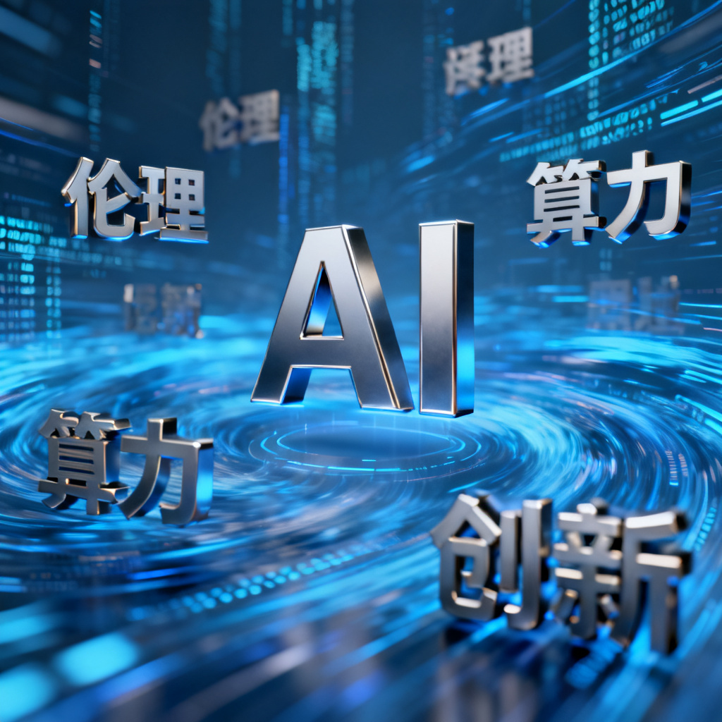 未来科技风格的3D文字云，核心词“AI”悬浮于中央，周围环绕“伦理”“算力”“创新”等关键词，背景为流动的蓝色数据流