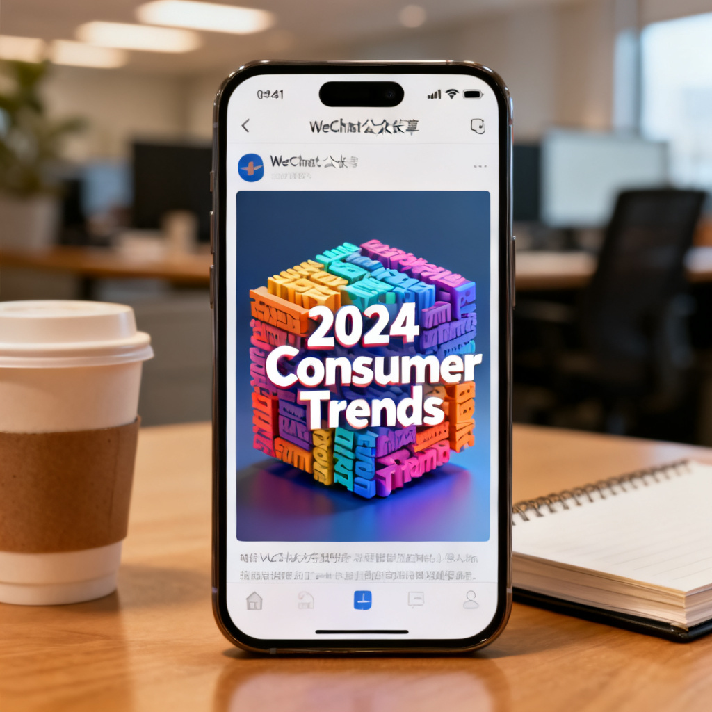 A close-up of a smartphone screen showing a WeChat public account article cover. The cover is a vibrant, 3D word cloud with the title "2024 Consumer Trends" in the center. The background is a blurred office environment with a coffee cup and notebook. The style is warm, inviting, and realistic.