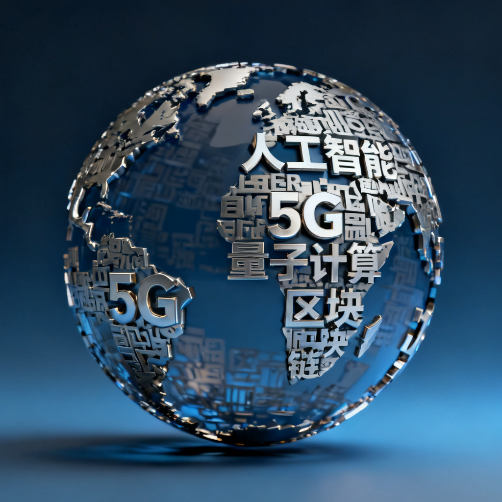 一个3D文字云，形状为地球，关键词包括“人工智能、5G、量子计算、区块链”，背景深蓝渐变，动画缓慢旋转，字体金属质感