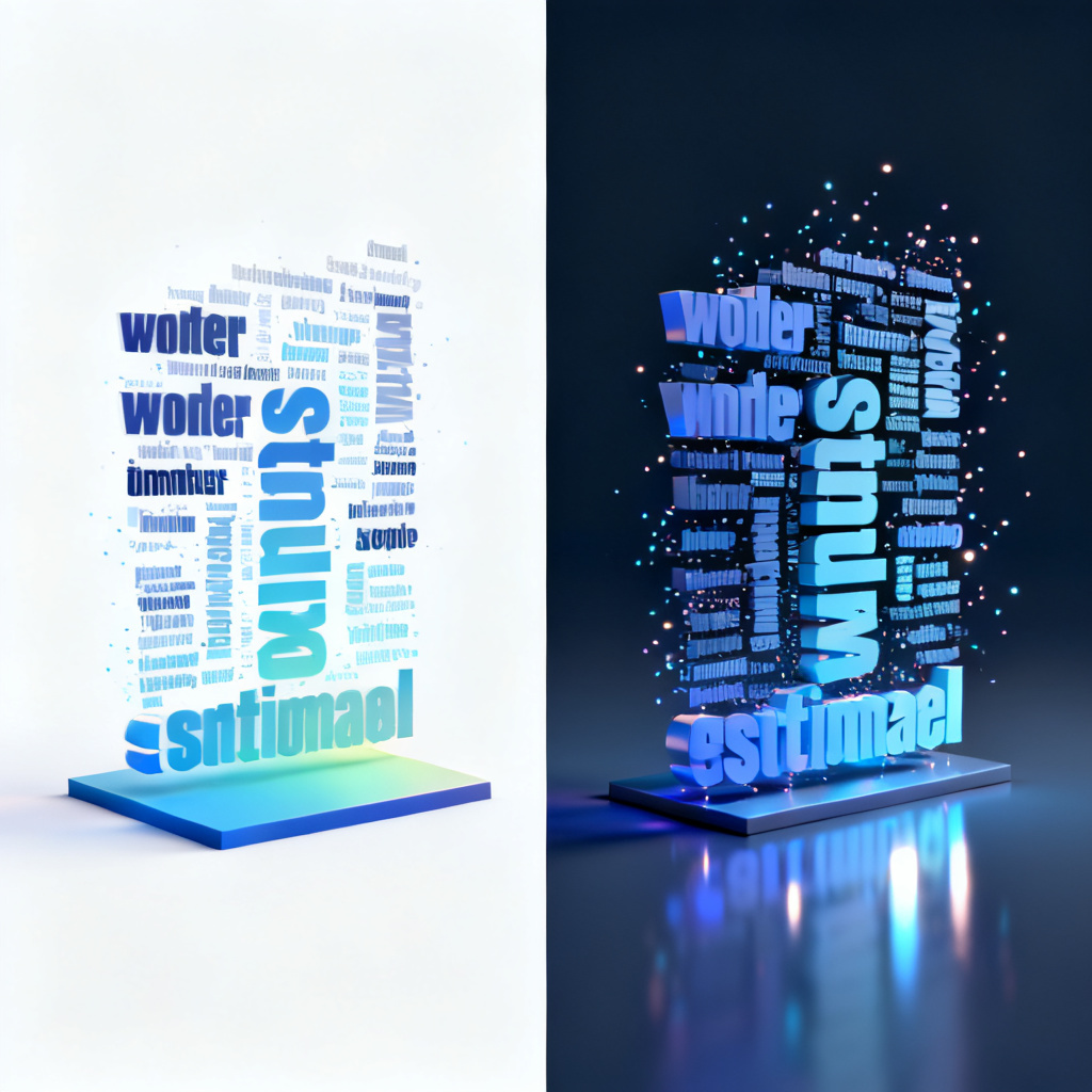 A split-screen comparison showing a traditional flat word cloud versus a 3D animated word cloud with particle effects and rotation