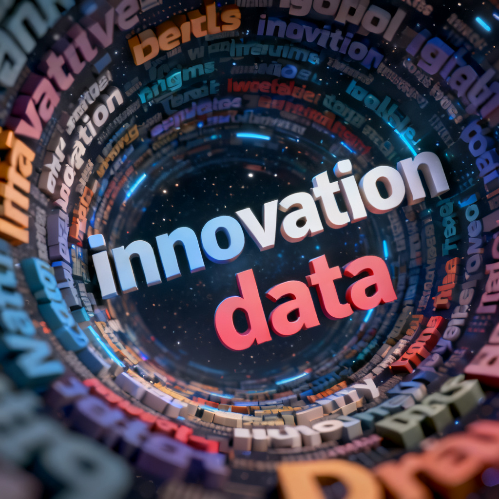 A stunning 3D word cloud rotating in space, with words like “innovation” and “data” popping out, cinematic lighting, 8K quality