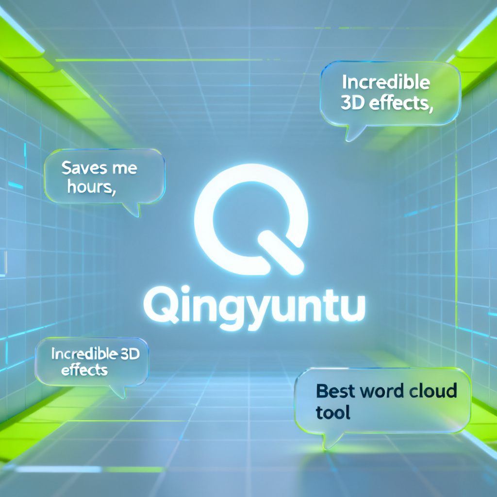 A montage of user testimonials floating around a glowing "Qingyuntu" logo, with text bubbles showing "Saves me hours," "Incredible 3D effects," and "Best word cloud tool." The background is a futuristic grid.
