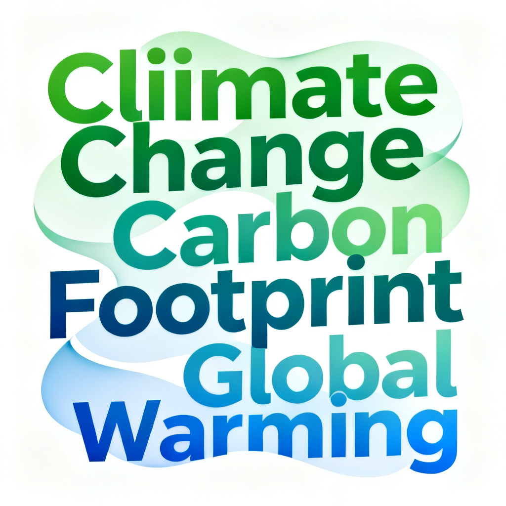 A high-resolution 2D word cloud with a clean white background, featuring keywords like "Climate Change," "Carbon Footprint," and "Global Warming." The words are arranged in a flowing organic shape, with a gradient of green to blue colors. The resolution is sharp, suitable for printing.