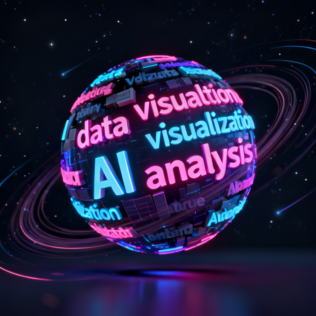 A 3D word cloud rotating in space, with keywords like "data visualization" and "AI analysis" floating in a sphere, surrounded by animation trails, set against a dark background with neon colors
