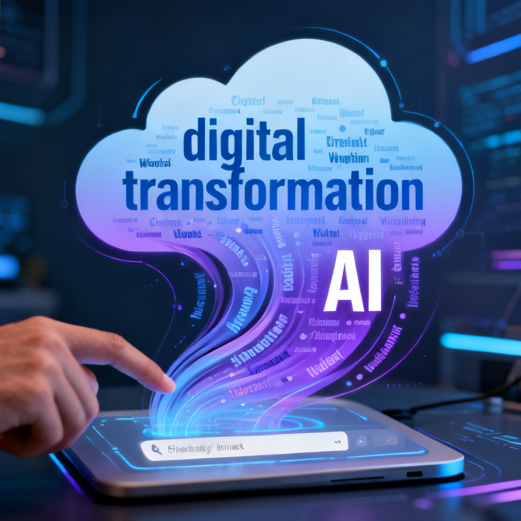 A user pastes text into the lightweight cloud interface, and the AI engine automatically extracts keywords like "digital transformation" and "AI" with weight distribution, visualized as a flowing word cloud.