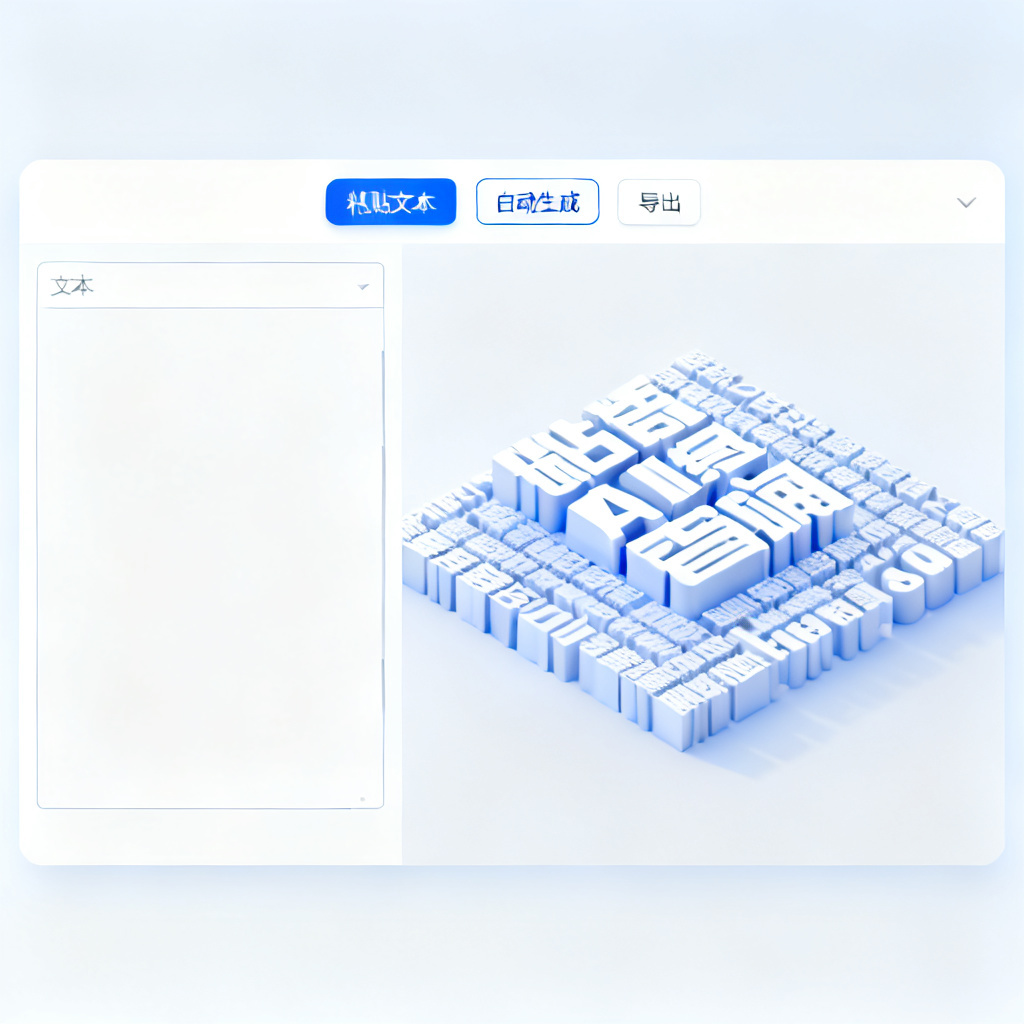轻云图界面截图:左侧为文本输入框,右侧实时预览AI生成的3D文字云,操作按钮简洁清晰,显示“粘贴文本-自动生成-导出”流程
