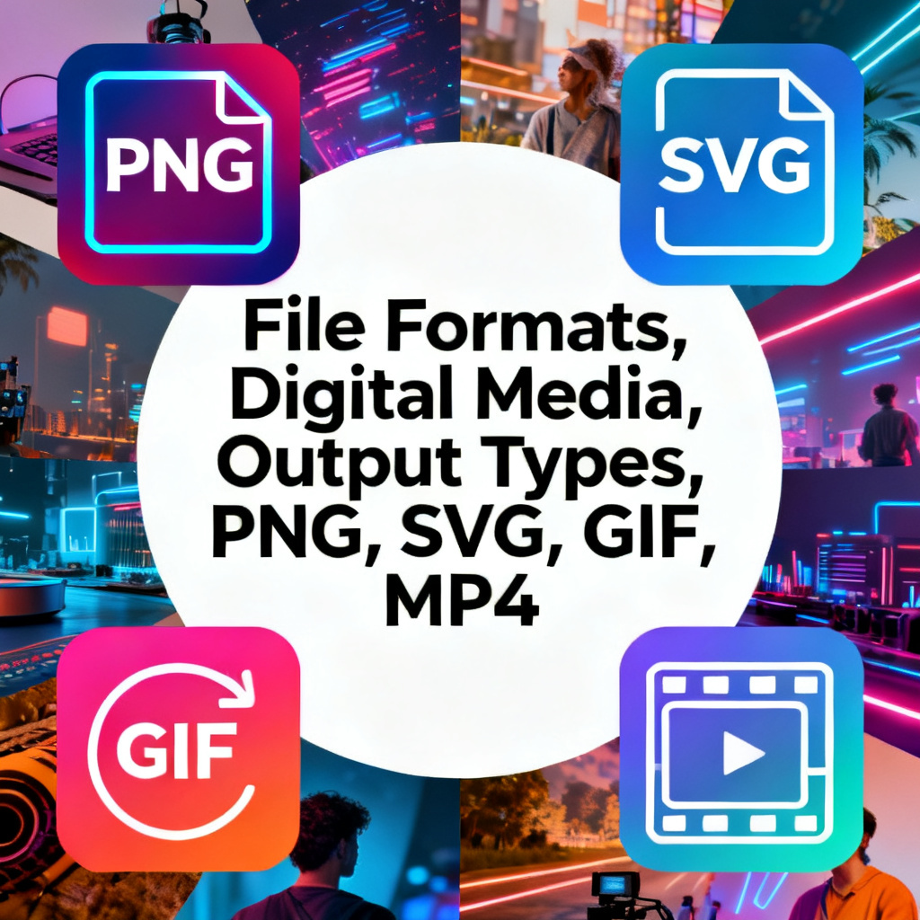 A collage of output format icons (PNG, SVG, GIF, MP4) with a central word cloud design, each format represented by a distinct visual style (e.g., PNG for crisp edges, GIF for motion).