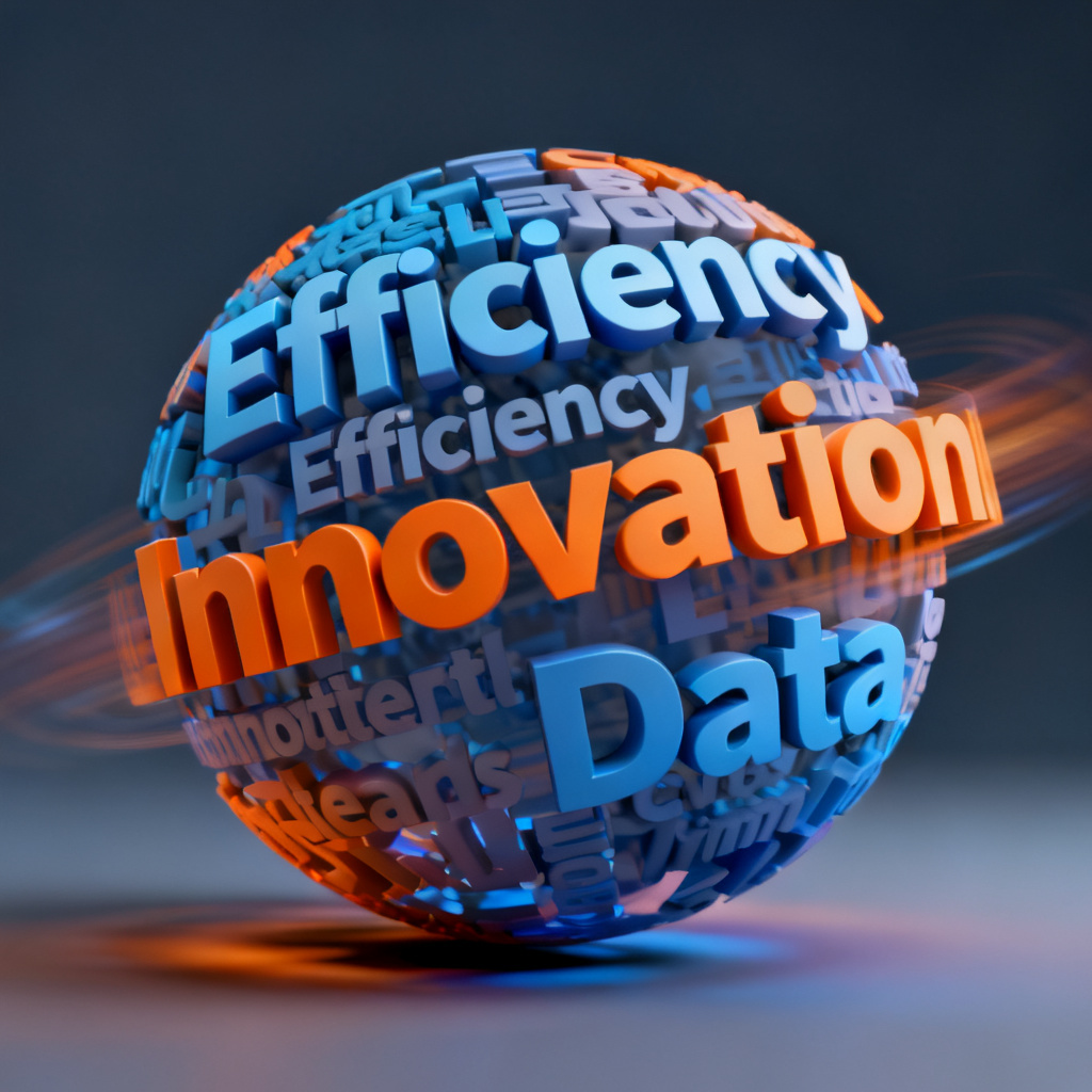 A dynamic 3D word cloud with keywords 'Efficiency', 'Innovation', and 'Data' rotating in space, colorful gradients with blue and orange, smooth motion blur effect, high resolution, professional quality