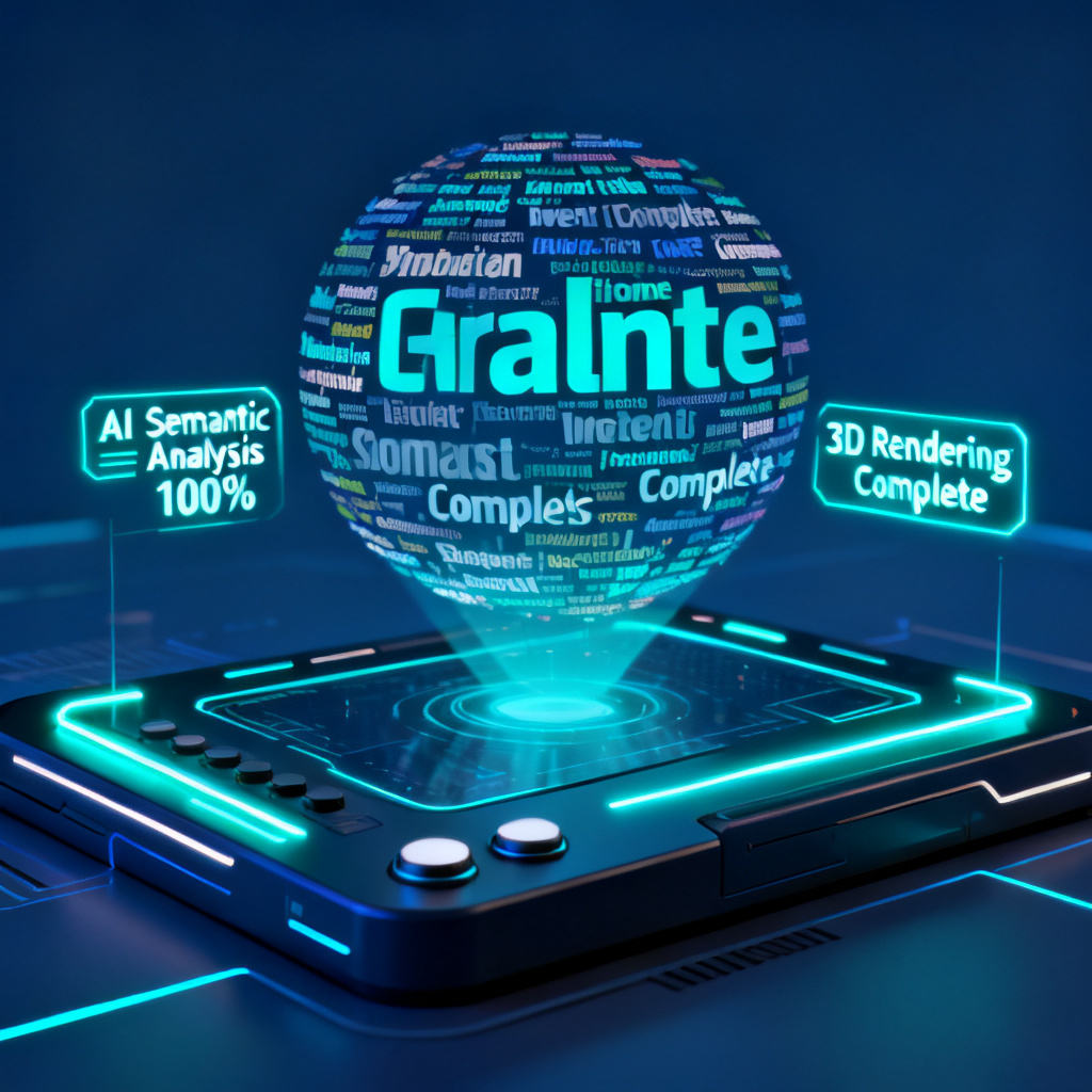 A futuristic control panel interface showing a word cloud being generated in real-time, with AI processing indicators like "Semantic Analysis 100%" and "3D Rendering Complete," set against a dark blue background with glowing neon accents.