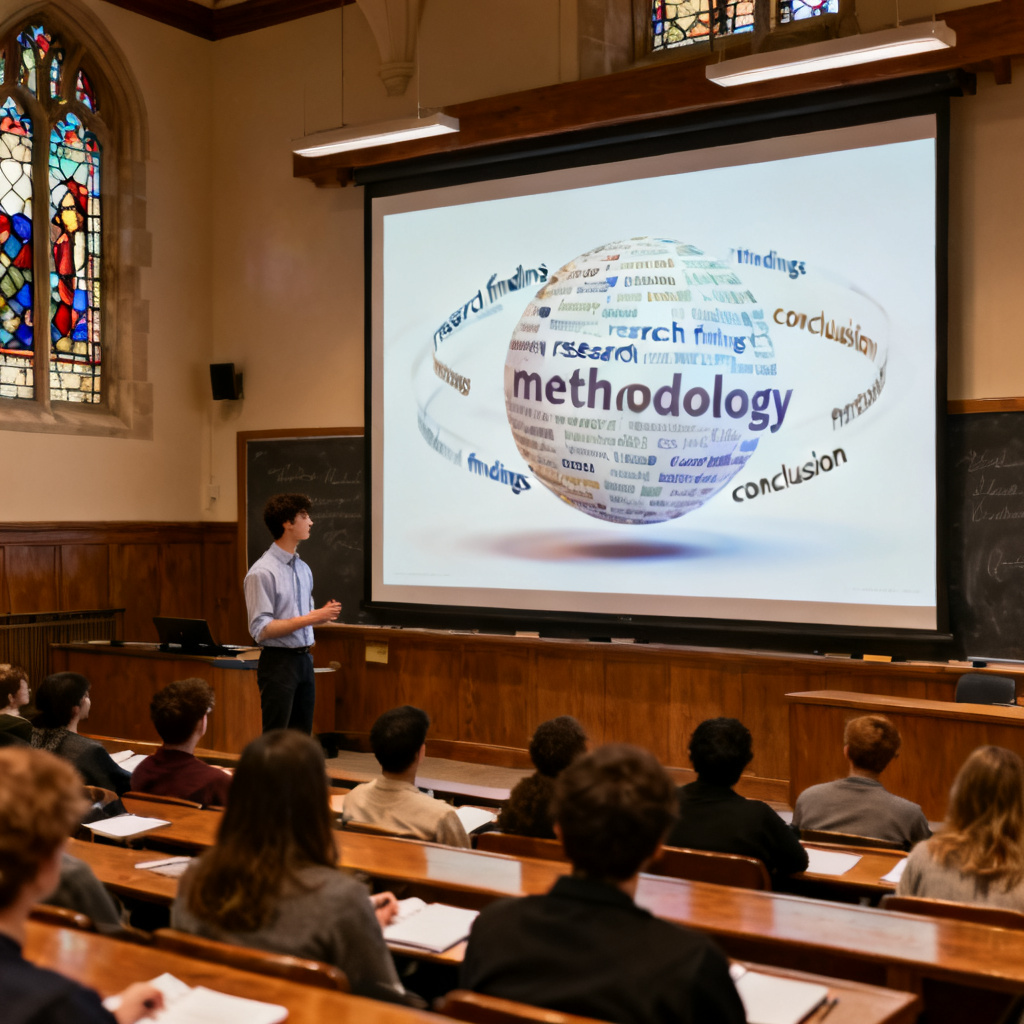 A student presenting a thesis defense with a large screen showing a 3D word cloud rotating slowly, while the audience watches attentively in a university lecture hall