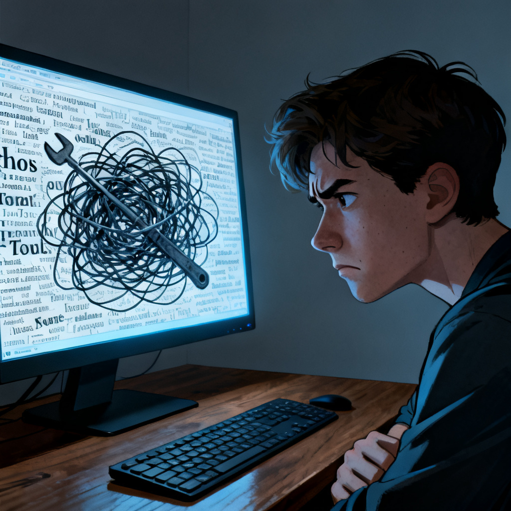 A frustrated person staring at a messy word cloud on a computer screen, with tangled lines and overlapping text, symbolizing the complexity of traditional tools
