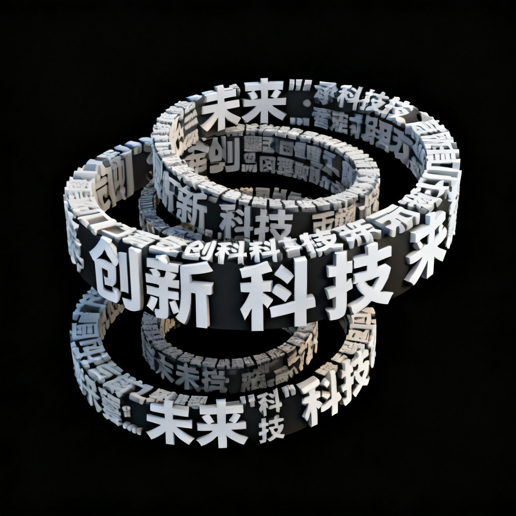 一个3D文字云模型，形状为螺旋结构，关键词包括‘创新’、‘科技’、‘未来’，背景黑色，带有旋转缩放动画