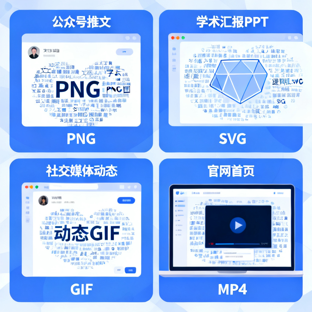 一张四格拼图，分别展示轻云图生成的文字云在四个场景中的应用：左上角为公众号推文中的PNG配图，右上角为学术汇报PPT中的透明底SVG图形，左下角为社交媒体上的动态GIF，右下角为官网首页中的MP4视频嵌入，每个格子下方标注对应的输出格式