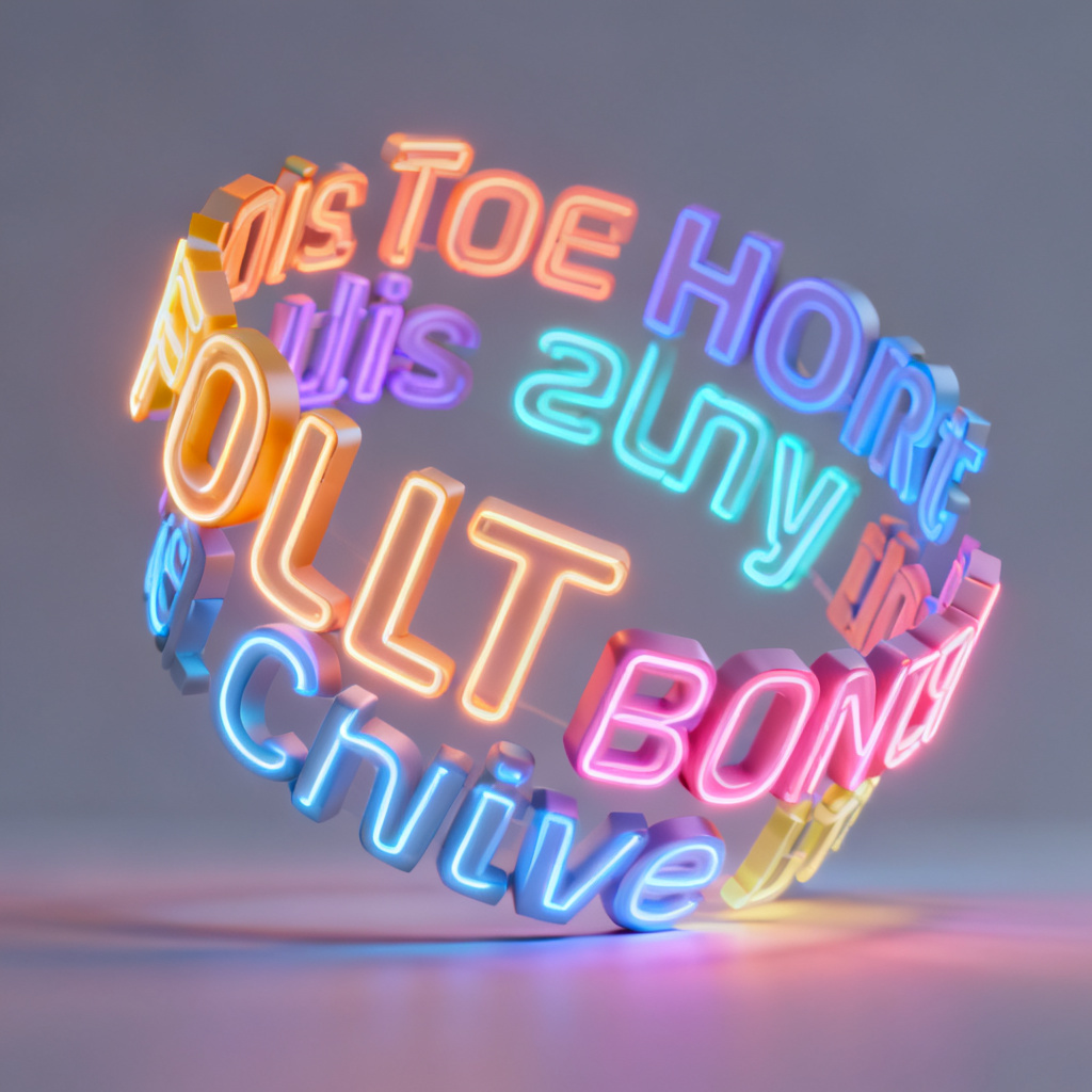 A 3D word cloud with glowing effects and rotating animations, modern style, high resolution