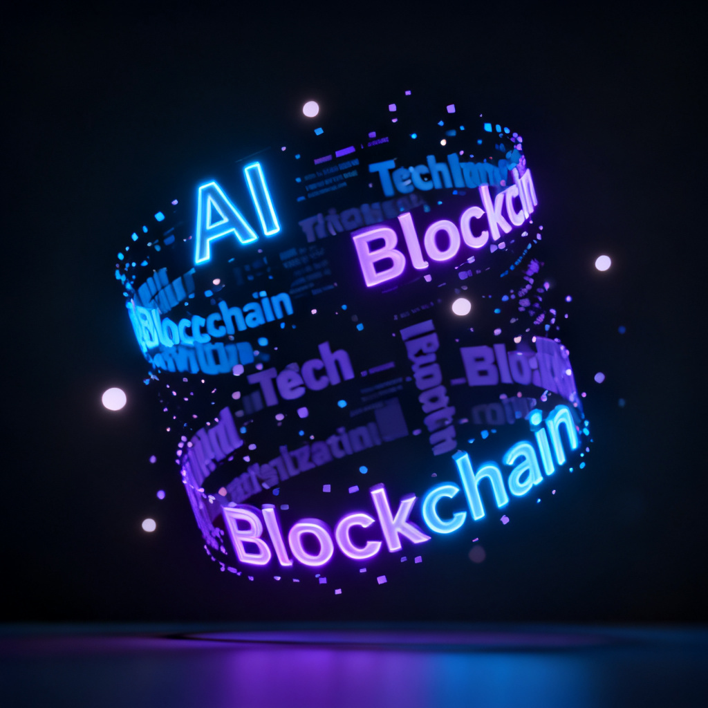A dynamic 3D word cloud with glowing text particles rotating in a dark background, featuring tech-related keywords like "AI" and "Blockchain" in neon blue and purple, cinematic lighting, high contrast, 8k resolution